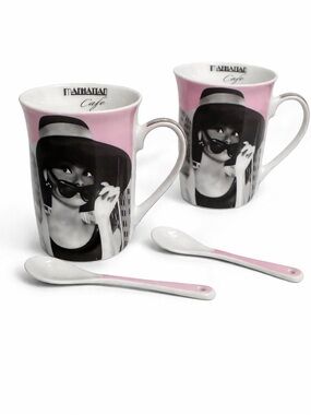 Paul Cardew Design Manhattan Cafe Pink Accent Mug Set /2 with Spoons .